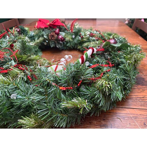 Handmade Large 26” Christmas Wreath Butterfly Lights Beads Poinsettia Wire Back - Picture 9 of 11